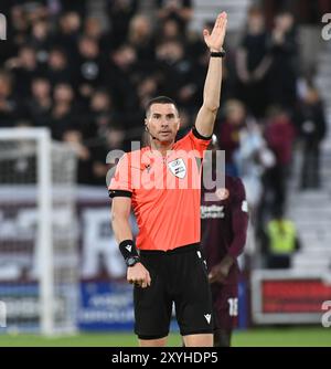 Tynecastle Park Edinburgh.Scotland.UK.29th Aug 24 Europa League play-off tie Heart of Midlothian vs Viktoria Plzen. Bulgarian Referee Georgi Kabakov. Credit: eric mccowat/Alamy Live News Stock Photo