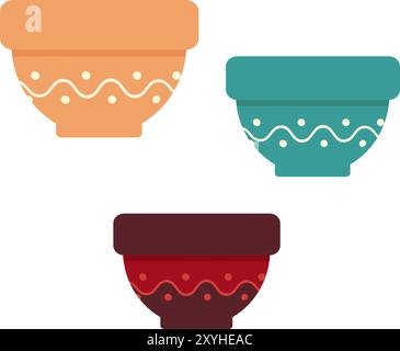 Flower pots with wavy line and dots in trendy different tint Set of 3 Various flowers bowls Isolated. Diverse Compositions, bouquet, flowers, plant or anything as receptacle idea Vector illustration  Stock Vector