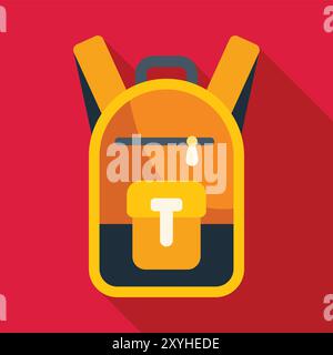 Yellow school backpack standing on red background with long shadow, ideal for educational or travel related projects Stock Vector