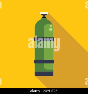 Simple green oxygen cylinder standing up on a yellow background casting a shadow Stock Vector