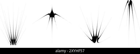 Black thin spiky element set. Abstract thorn semicircle shapes and angular twinkles bundle. Futuristic spokes objects for poster, collage, banner, logo, card, icon, label, sticker, badge. Vector Stock Vector