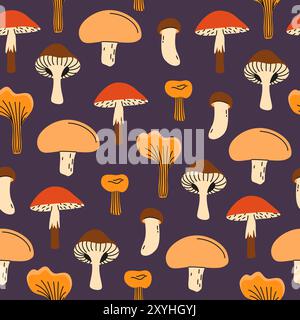 Seamless pattern with forest mushrooms. Vector illustration. Autumn harvest. Illustration in a flat style. Stock Vector