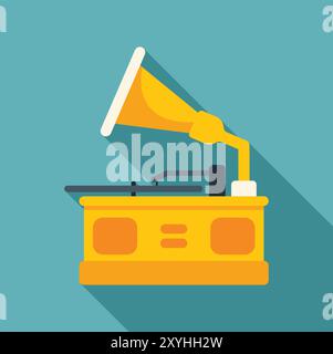 Old yellow gramophone playing a vinyl record with a large horn Stock Vector