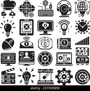 artificial intelligence and technology Icon set, black and white vector. Stock Vector