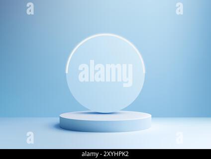 3D Blue Podium with Glowing Circle Backdrop on Soft Blue Background for Minimalist Product Display and Modern Mockup Showcase Stock Vector