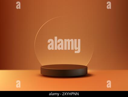 Elegant 3D Black Podium on Orange Gradient Scene, Modern Minimal Display with Transparent circle Backdrop for Product Display Showcases Stock Vector