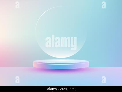 3D Blue Podium with Soft Gradient Background, Minimalist Product Display Mockup, Elegant and Modern Scene with Floating Translucent Circle, Abstract a Stock Vector