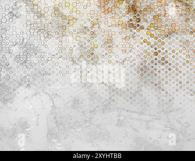Grey grunge texture wall with golden hexagonal pattern abstract background. Geometric tech retro vector backdrop design Stock Vector