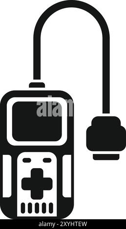 Black glyph icon for a portable game console being connected to a tv via cable Stock Vector