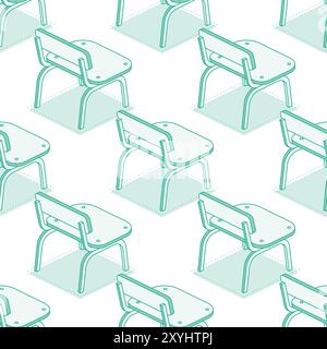Isometric school chairs. Seamless pattern. Vector illustration. Outline objects isolated on white background. Classroom. Stock Vector