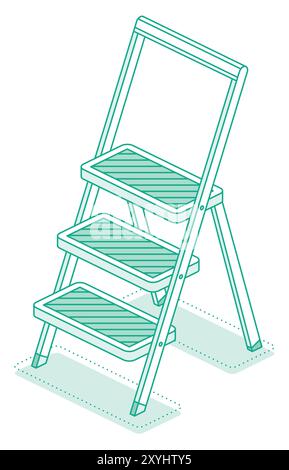 Isometric ladder. Metallic household steps. Vector illustration. Ladder construction, stepladder isolated on white background. Outline object. Stock Vector