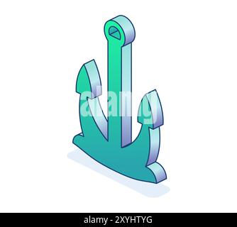 Isometric green anchor. Vector illustration. Icon isolated on white background. Marine anchor icon. Stock Vector