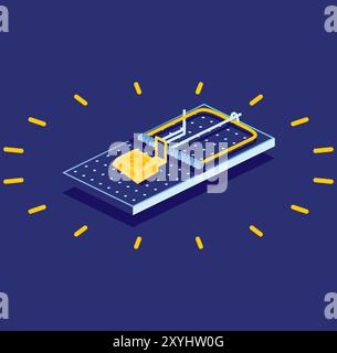 Isometric Mouse Trap with Small Piece of Cheese. Vector Illustration. Icon on blue background. Empty Snare. Stock Vector