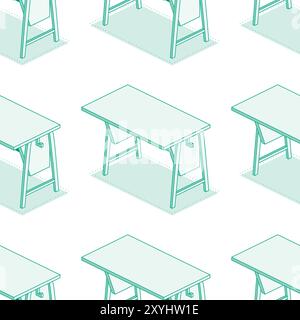 Isometric school desk tables. Seamless pattern. Vector illustration. Outline objects isolated on white background. Classroom. Stock Vector