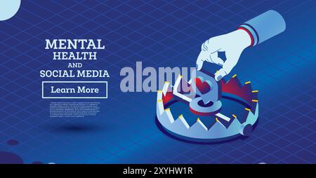 Isometric Trap with Social Media Heart. Like Symbol. Vector Illustration. Mental Health Concept and Social Media. Hand Tries to Take Favorite Sign. Stock Vector