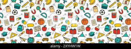 Back to school seamless pattern doodle style background. Education hand drawn objects and symbols icon. Stock Vector