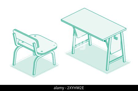 Isometric school desk table and chair. Vector illustration. Outline object isolated on white background. Classroom. Stock Vector