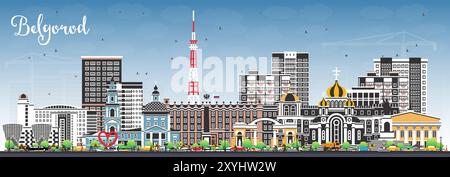 Belgorod Russia city skyline with color buildings and blue sky. Vector illustration. Belgorod cityscape with landmarks. Stock Vector