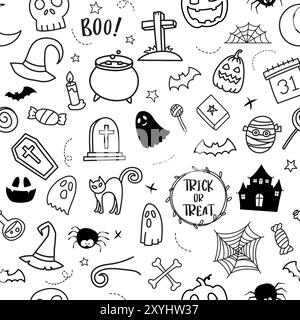 Halloween hand drawn pattern seamless background. Cover halloween doodle style for textile fabric cute design. Stock Vector