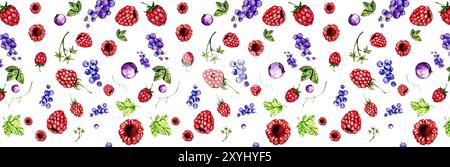 Seamless Pattern Black Currant, Raspberries Watercolor Illustration Isolated on White Background. For Cards, Invitations, Packaging, Stationery, Texti Stock Photo