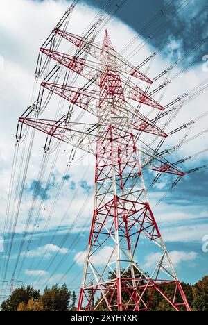 Red white pylon, low angle Stock Photo