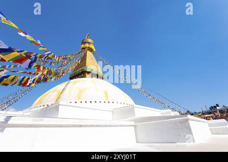 White base and second level platform supporting eyes of the spire at Boudhanath Stupa in Kathmandu, Nepal. Horizontal Stock Photo