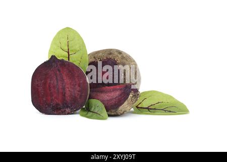 Collection of whole beetroot arranged next to slices of beetroot vegetables with their green leaves still attached isolated on a white background Stock Photo