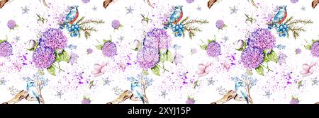 Seamless Pattern Lilac Hydrangea. Frame with Flowers, Raspberry, Leaves, Juniper, Jay. Watercolor Illustration. Design Elements for Cards, Invitations Stock Photo