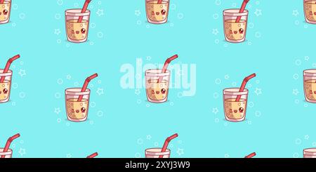 Seamless pattern with cute glass of lemonade with bubbles and straw on blue background. Funny kawaii cartoon character drink. Vector horizontal illust Stock Vector