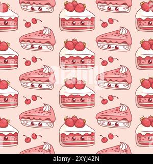 Seamless pattern with cute slice of birthday cake with strawberries on pink background with cherries. Funny holiday kawaii cartoon character. Vector i Stock Vector