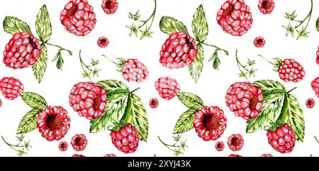 Seamless Pattern. Bright Raspberry. White Background. Watercolor Illustration. For Packaging, Home Kitchen Textiles, Clothes, Stationery Stock Photo