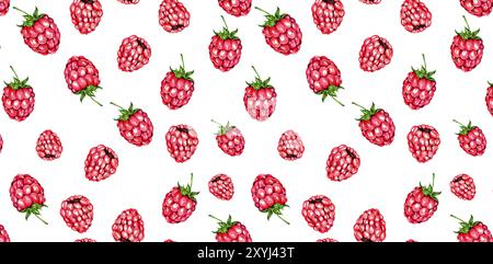 Seamless Pattern. Bright Raspberry. White Background. Watercolor Illustration. For Packaging, Home Kitchen Textiles, Clothes, Stationery Stock Photo