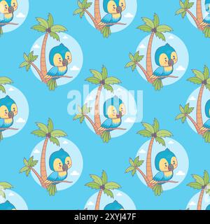 Seamless pattern with Ara parrot with tropical palm trees on blue background. Funny cartoon kawaii bird character. Vector illustration Stock Vector