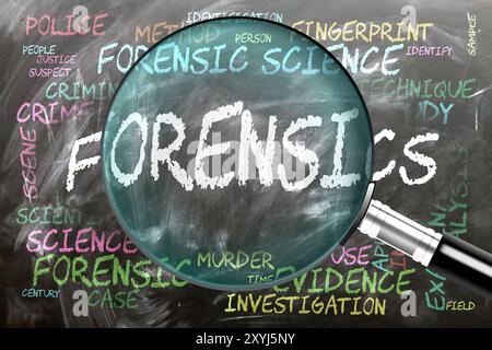 Forensics being studied, examined - under close inspection. Most important subjects and ideas closely related to forensics written on a blackboard ins Stock Photo