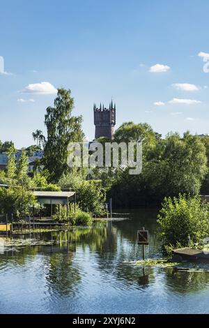 View across the Warnow to the water tower in the Hanseatic city of Rostock Stock Photo