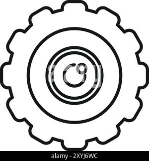 Simple line drawing of a gear wheel incorporating a video surveillance camera lens, representing the concept of technological integration Stock Vector