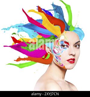 Portrait of a beautiful young model with bright make up and colored splashes isolated on white Stock Photo