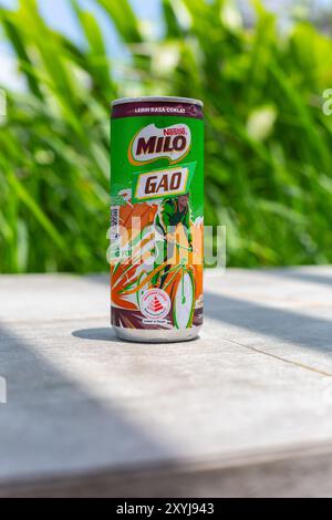 Vertical cold can of Nestlé Milo Gao drink place on ground, a thicker version of chocolate malt beverage than the standard version. Stock Photo