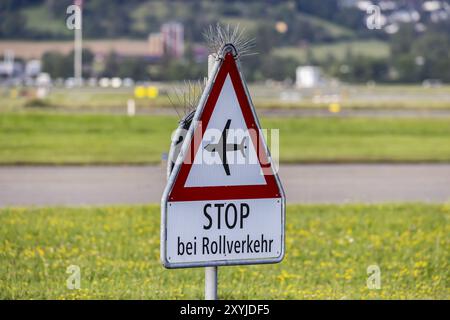 Traffic sign Stop at taxiing traffic, prohibition sign with aeroplane, Zurich Airport, Switzerland, Europe Stock Photo