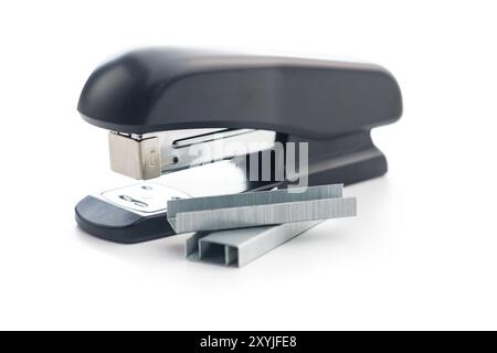 Black office stapler isolated on a white background. Stock Photo