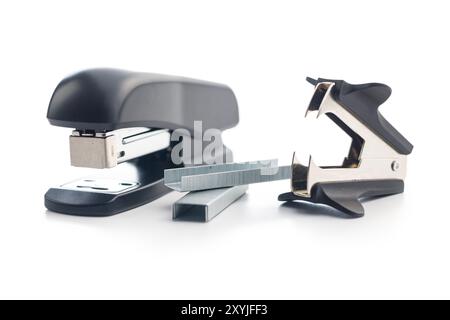 Black office stapler and Staple Remover isolated on a white background. Stock Photo