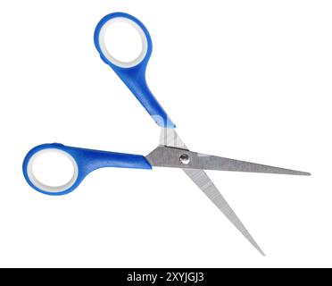Small multipurpose scissors with blue handle is isolated on white background with clipping path. Stock Photo