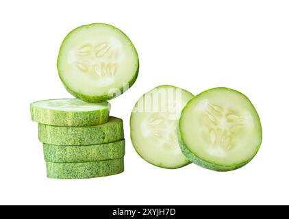 Front view set of fresh green cucumber slices in stack is isolated on white background. Stock Photo