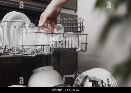 Close-up of female hand loading dished to, empty out or unloading from open automatic stainless built-in dishwasher machine with clean utensils inside Stock Photo