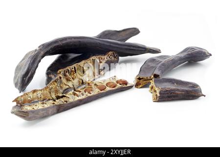 Group of dried carob pods or St. John's bread, whole and half with seeds, isolated on white background Stock Photo