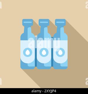 Three bottles with a simple water drop logo are standing in a row, hinting at the refreshing hydration they offer Stock Vector