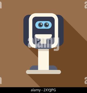 Vector illustration of a cute smiling robot standing on a podium with a long shadow on a brown background Stock Vector