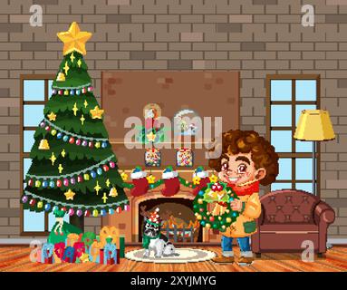 Child decorating for Christmas with tree and gifts Stock Vector