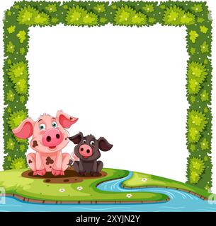 Two pigs sitting near a flowing river Stock Vector