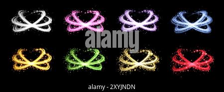 Glowing magic rings set. Neon realistic energy flare rings with sparkling particles. Abstract light effect on a black background. Vector illustration. Stock Vector